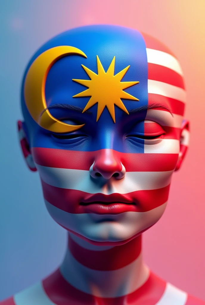 3d malaysian flag logo,repeated pattern,highly detailed , yellow star 14 point,vibrant colors,realistic lighting,masterpiece,(best quality,4k,8k,highres,masterpiece:1.2),ultra-detailed,(realistic,photorealistic,photo-realistic:1.37),photorealistic,3D render,canvas,dynamic composition,studio lighting,physically-based rendering,extreme detail description,professional,vivid colors,bokeh. Human face underneath
