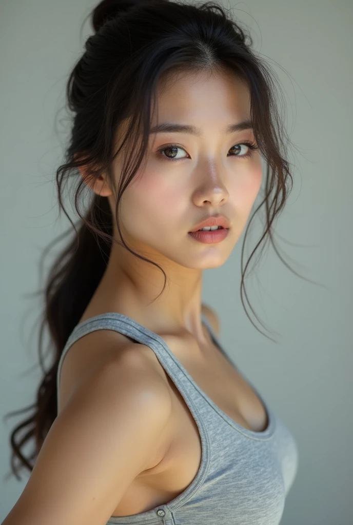 beautiful Korean girl mid 20, fitgirl, grey sport bra, looking directly at the camera, midshot, imperfect skin