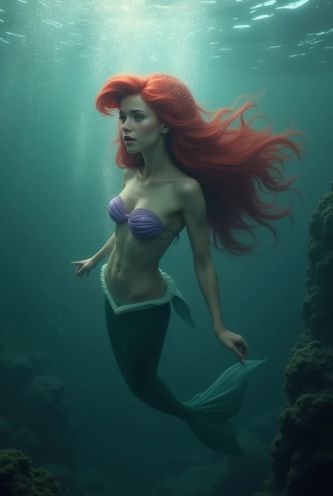 Ariel drowing underwater and she is only wearing a purple sea shell bra and she is boottomless