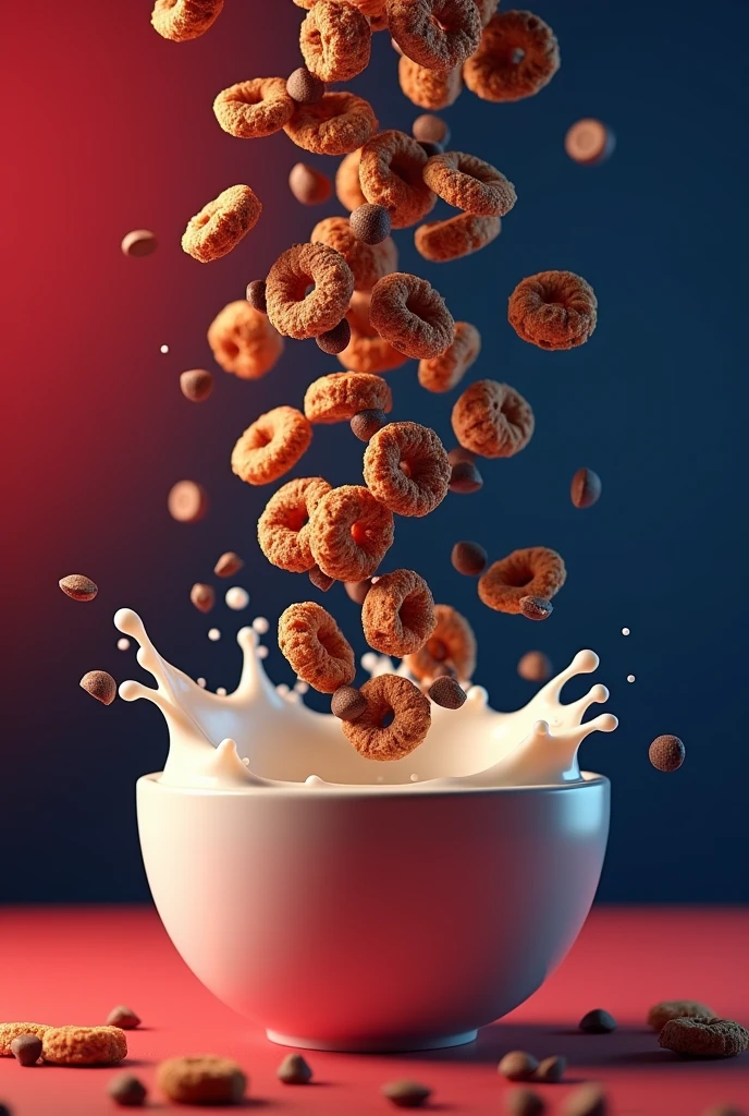 It shows a crunchy cereal of chocolate chips and milk falling into a bowl on a red and dark blue background:0.8