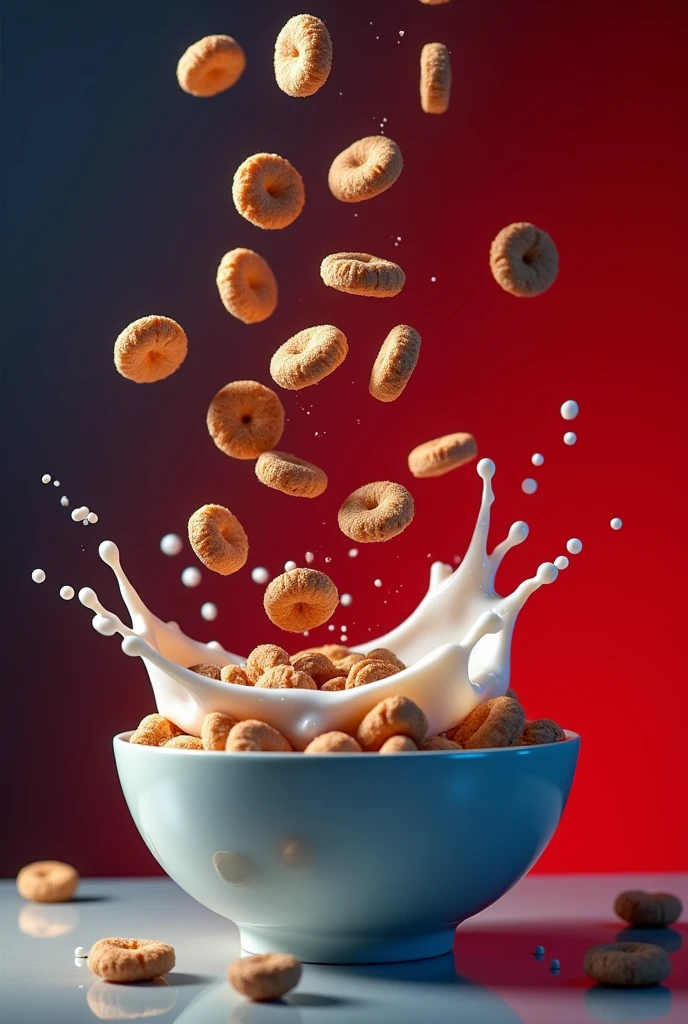 It shows a crunchy cereal of chocolate chips and milk falling into a bowl on a red and dark blue background:0.8