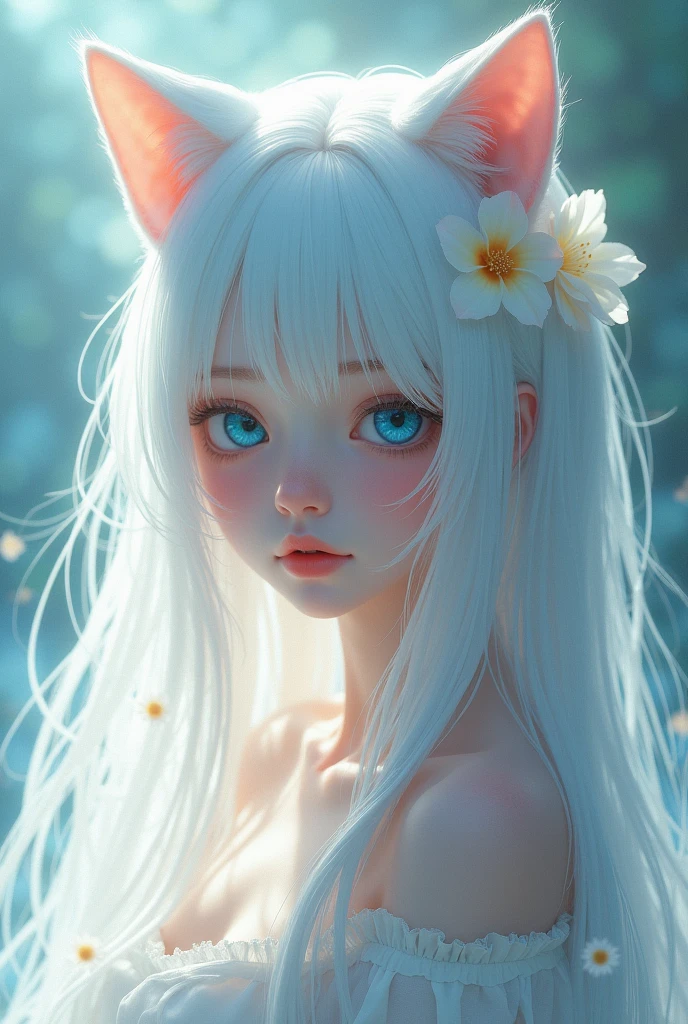 White hair Blue eyes Cat ears No human ears r Real Flower Cute Beautiful face Light pouring down
