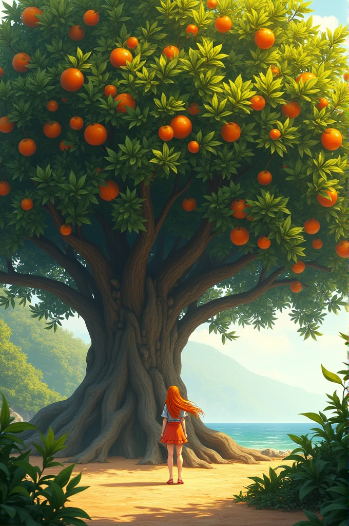 Nami from One Piece with her back to the camera, admiring a large orange tree 