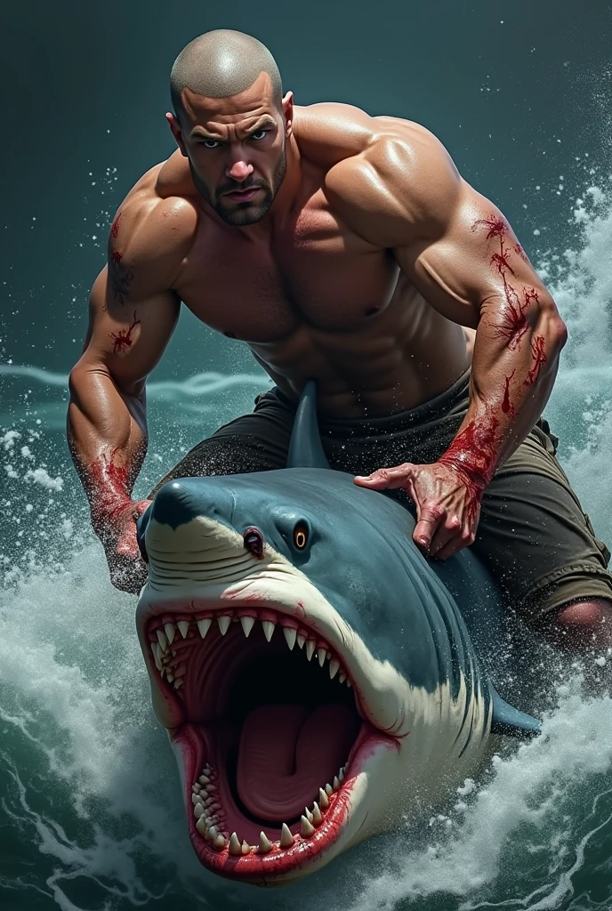 Strong light-skinned man riding a tiger shark with blood and wounds, The man's face must be very clear and must be in portrait form.