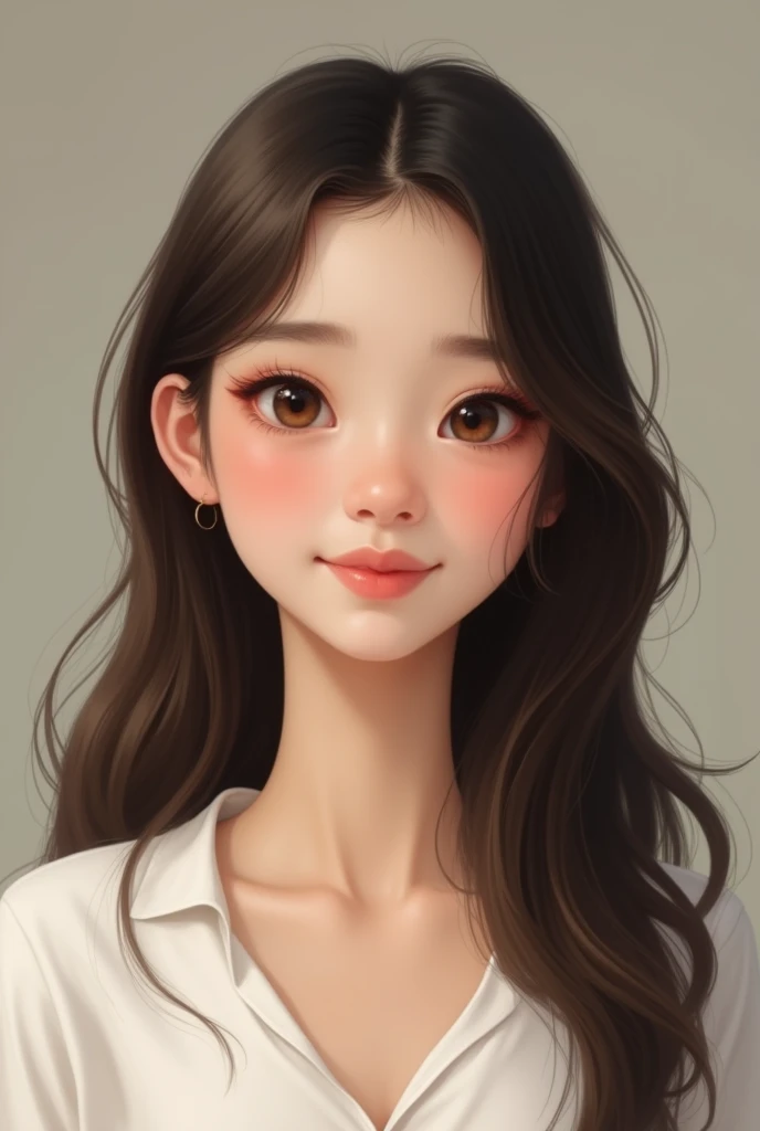 Create an image of a young woman, approximately 2. She has fair skin, long, straight dark brown hair that falls to the middle of her back. Her eyes are large, light brown in color, with long, well-defined eyelashes. Her face is oval-shaped, with slightly prominent cheekbones and a thin, straight nose. She has full lips with a natural rosy hue. Her eyebrows are arched and well-defined, matching the color of her hair. She is wearing a simple white blouse and has a calm and friendly expression, looking directly forward. The background of the image is neutral, in a soft color such as light beige or light gray, so that all the focus is on the woman’s face.