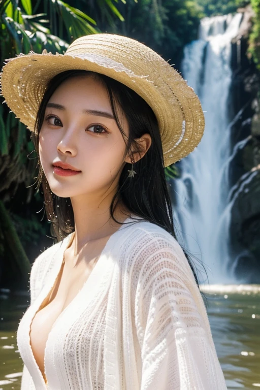 (22 year old Japanese beautiful girl,), (Small breasts:1.5,),(solo,Textured skin, Detailed skin,Detailed face,Detailed eyes,detailed posing,Natural eyebrows,High detail, Highest quality, Super detailed, Surrealism, ,8k,RAW Photos,Photographicism,Professional Lighting,Ray Tracing,Aperture F1.2,Portrait Photography,Natural Light),(((Black Hair, Natural Makeup,Simple earrings,Medium Hair, happiness／joy,White cardigan,White straw hat))),(((A spectacular waterfall,Beautiful river,Splash,)))