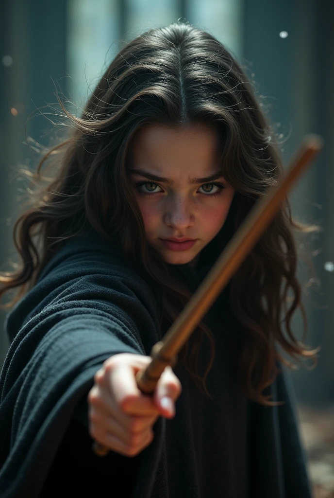 A girl with dark brown wavy hair pointing her wand showing pain on her face