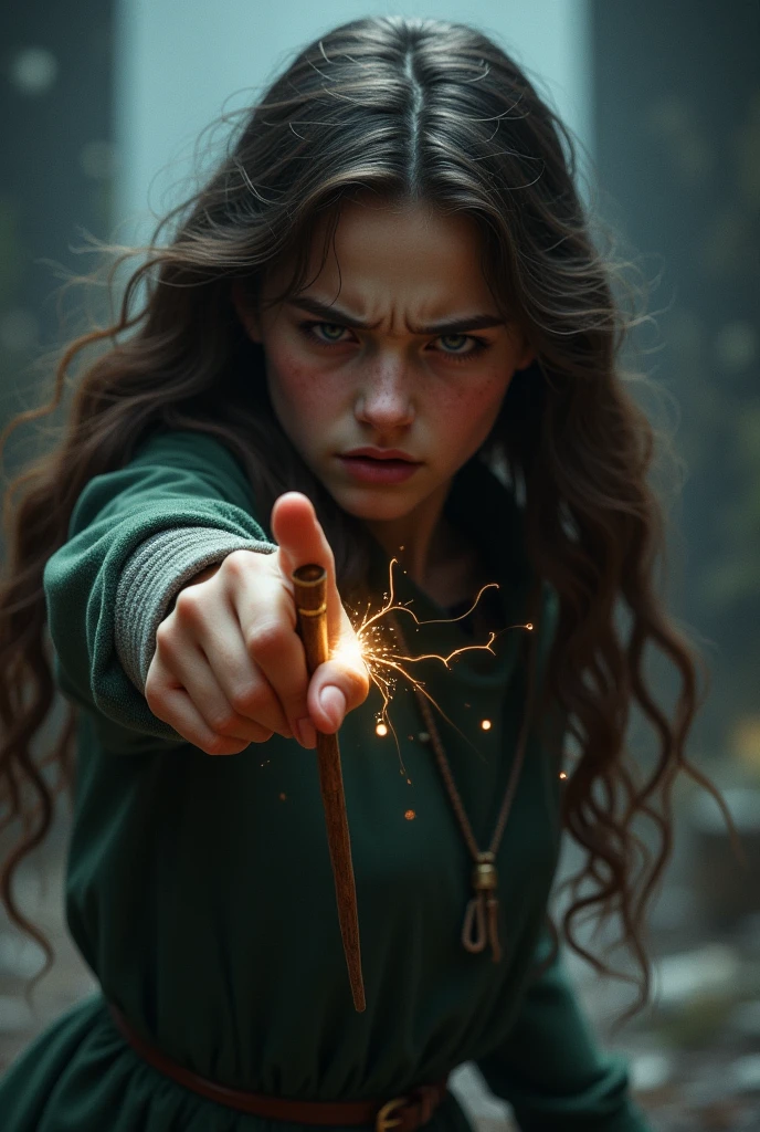 A girl with dark brown wavy hair pointing her wand showing pain on her face