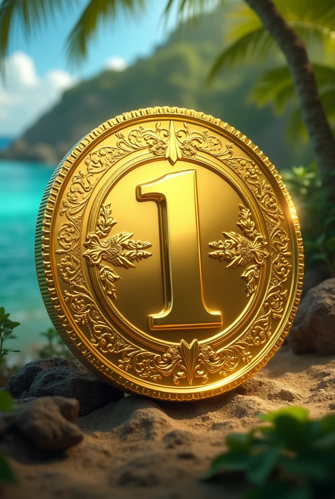Coin with the number one with the name pacy, of gold with island
