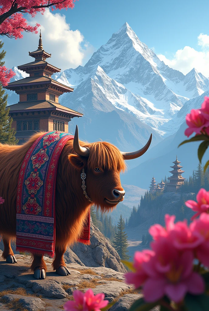 Laynard for nepal theme with rhododendron, yak, temples, mountains