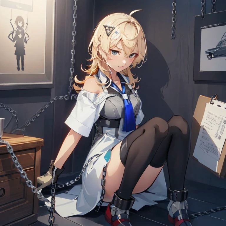 tuscaloosaKC, 1girl, solo, hair ornament, thighhighs, gloves, dress,ahoge, short sleeves, necktie, hairclip,
(masterpiece:1.4),(best quality:1.4), (premium:1.4), (great illustration:1.4), (ultra-detailed:1.4),(art CG, 8K), KonishiCSA,1girl solo,full body,
(restrained, chain:1.4), private room