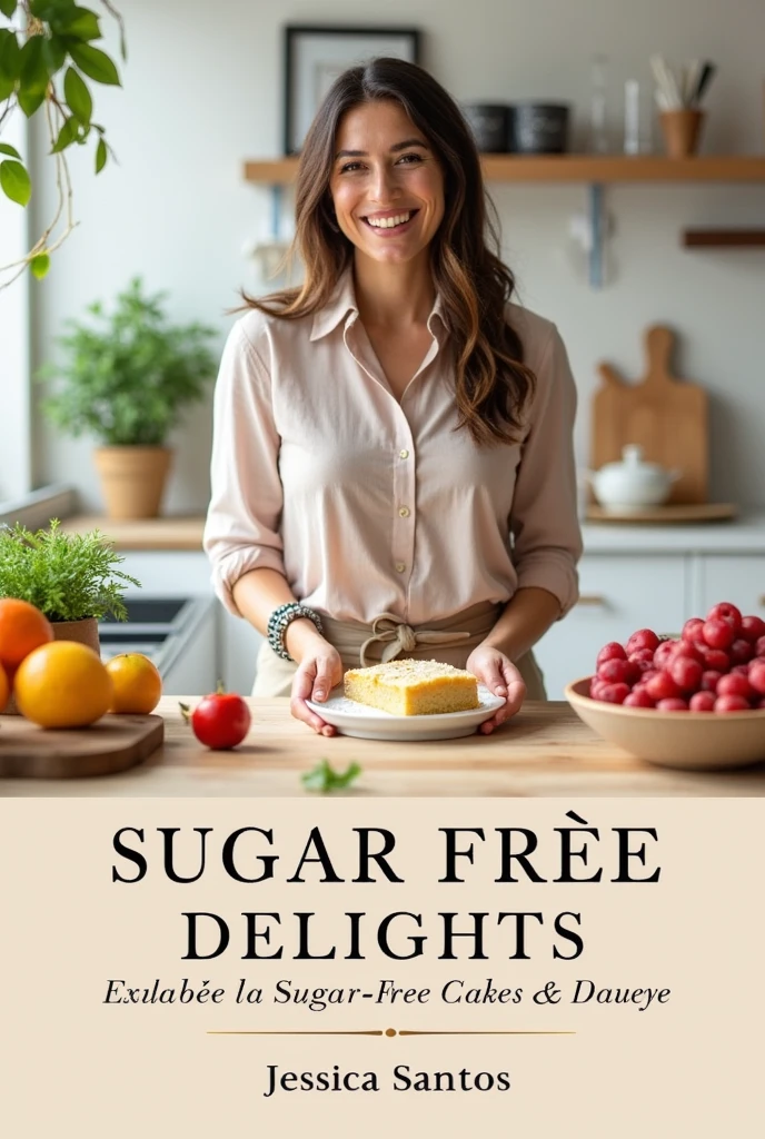 Create a modern and welcoming cover for the book titled "Sugar Free Delights". The cover should feature a woman named Jessica Santos, which is presenting recipes for sugar-free cakes and desserts. She should be portrayed in a kitchen setting., with ingredients like fresh fruits and kitchen utensils around. The color palette should be soft and natural., using tones like beige, light brown and soft green. The atmosphere should be inviting and cheerful., with a modern touch.
All texts on the cover must be in Portuguese. The title "Sugar Free Delights" should be highlighted with clean and elegant typography, while the author's name, Jessica Santos, should appear just below the title, followed by his signature at the bottom of the cover. Make sure the signature is visible and fits harmoniously into the design..