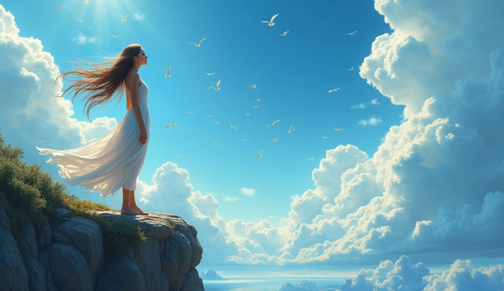 a cute and beautiful,sexy 19 year old girl, detailed face and body, long flowing hair, standing on a cliff, sky with singing birds, vivid blue colors, dramatic clouds, realistic background, 8k resolution, UltraHD, back view, closer view