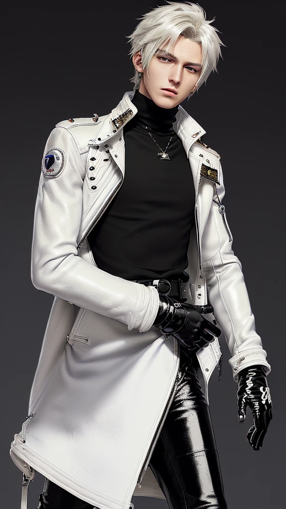 Final fantasy taste and reality graphics, ((Japanese young cute and cool ikemen boy)), his age is early 20s, thin eyebrows and beady eyes, (((he wearing off white color single-brest leather jacket and with epaulet))), ((leather jacket is close all zippers)) , ((jacket collar is high length)), ((jacket is stand-up collar with belts)),((jacket is single-brest and simple design)), ((also wearing black thick turtleneck polyester shirts)), put on tight black leather pants, (((put on shiny black leather glove,covers full finger))), black leather knee-high raceup boots, head-to-toe,whole body, boy looks like fashion model,hair is black