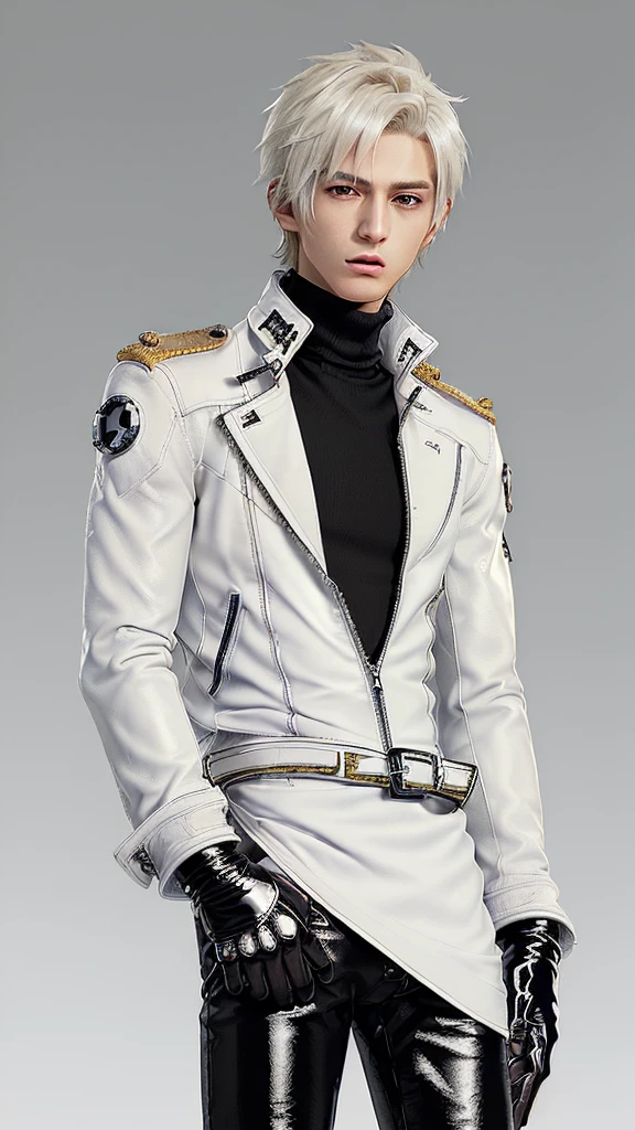 Final fantasy taste and reality graphics, ((Japanese young cute and cool ikemen boy)), his age is early 20s, thin eyebrows and beady eyes, (((he wearing off white color single-brest leather jacket and with epaulet))), ((leather jacket is close all zippers)) , ((jacket collar is high length)), ((jacket is stand-up collar with belts)),((jacket is single-brest and simple design)), ((also wearing black thick turtleneck polyester shirts)), put on tight black leather pants, (((put on shiny black leather glove,covers full finger))), black leather knee-high raceup boots, head-to-toe,whole body, boy looks like fashion model,hair is black