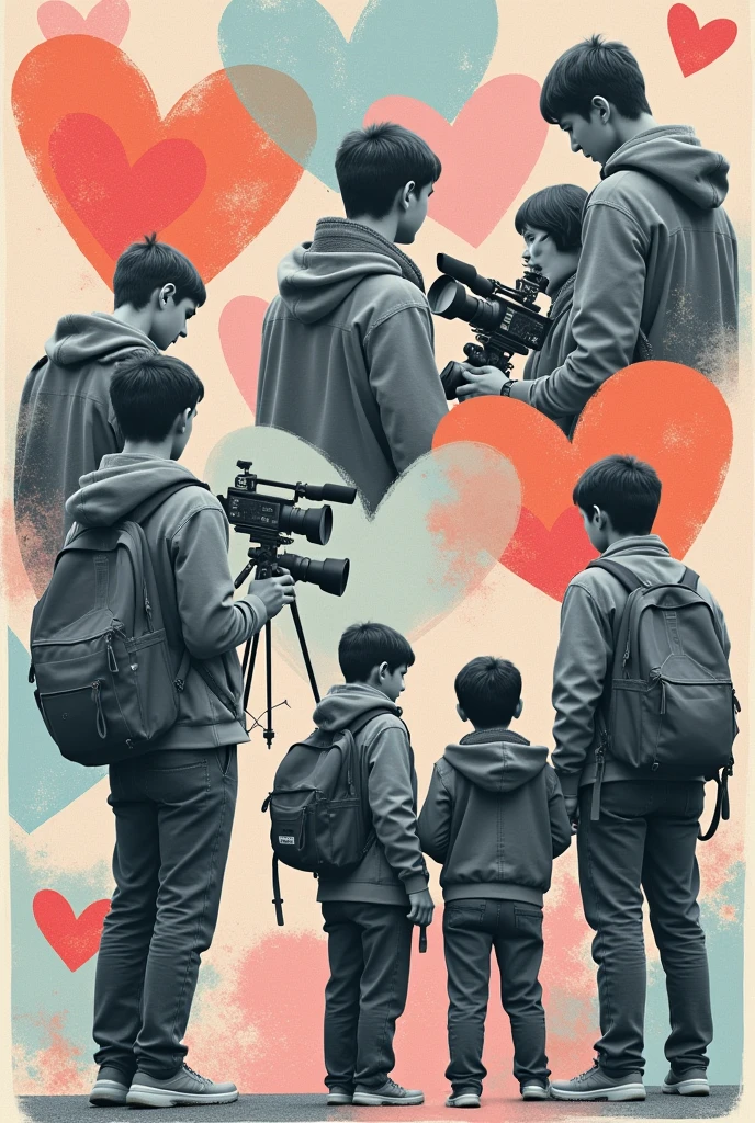 I have to creatively create a poster for a film festival, The theme is to intervene in history and requires using black and white photos.. I must use an official palette of a pastel sky blue, pastel pink and a pastel copper color, They want us to intervene in the image with different techniques, with hearts, embroidered on the image, colors, collage, The name of the film festival is FICUC. I want you to create suggestions for the poster right now, The photos used have a general theme and it is students making films., However, they are several very different black and white photographs that are intended to be the protagonists of the intervention.. that looks handmade