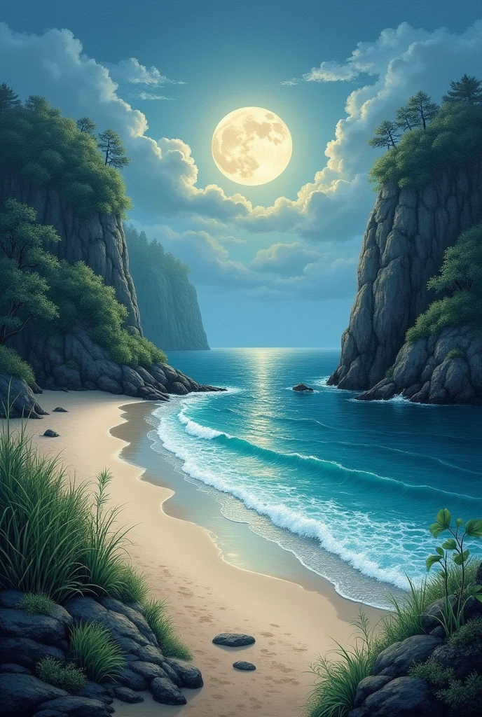 A coastal landscape painting with moonlight by the sea on the beach of an island with lots of nature