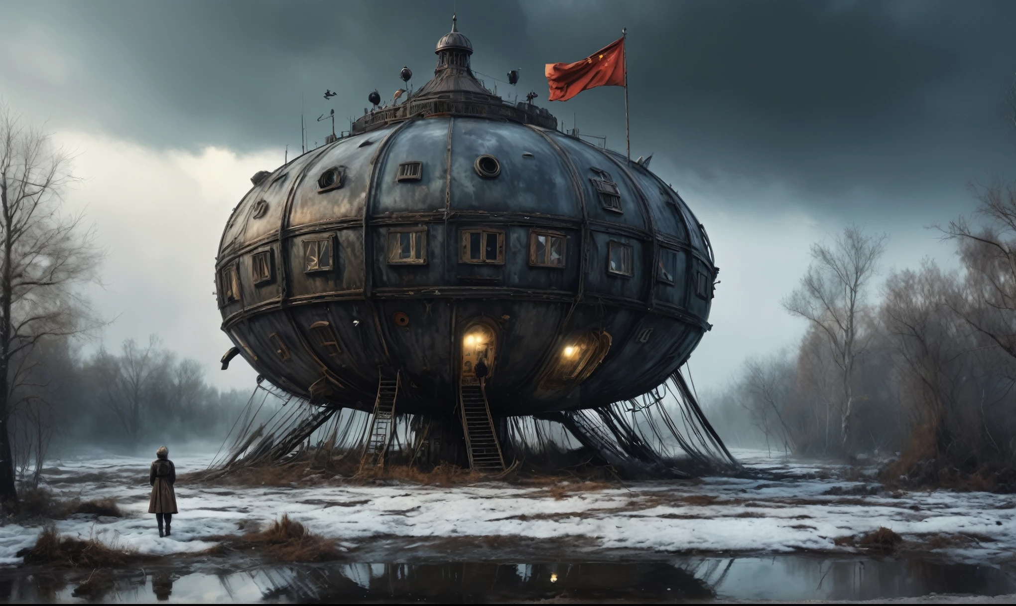 insane pilot from USSR , camouflage Rusty, after a psychiatric clinic,winter,intricate landscape,slate grey atmosphere,film grain,faded,eyes extremely detailed,another world,view from height,once pretty face,eyebrow up,full body shot,ominous landscape, Simon Stalenhag,Nicola Samori,full body shot,beggar niobium The Alien Entity,Technicolor,natural skin textures, hyper realism, hyper detailed,Extremely detailed,High contrast,Masterpiece,Realistic,Ultra Detailed, intricate details,realistic humid leather,extremly intricate,Epic Realistic, cinematic style,irina yermolova,high contrast,hdr,extremely detailed, deep night landscape,masterpiece,intricate details,faded,eyes extremely detailed, high detailed eyes,8k resolution,RAW,retina, Nikon Z9,China,tkt style, transition between two art styles, Ink painting to photorealism, Double contact, X-ray, Creative, vivid light, masterpiece, fantasy, Abstract Surrealism, super detailed, high resolution, stop:35;Her skin is pale, almost translucent,a hot air soars through the layers of clouds, revealing a colossal and enigmatic cityscape nestled within. The buildings in this ethereal city are adorned with intricate details and exude an aura of mystery. Above the cityscape, lend an enchanting touch to the scene. steampunk. The intricate mechanics create a sense of wonder and fascination, as if stepping into a dreamlike realism,Marta Bevacqua, ais-sinisterz, a derelict circus in the middle of a swamp, remnants of colorful tents, a silent carousel with spectral monsters, all under a sky heavy with storm clouds