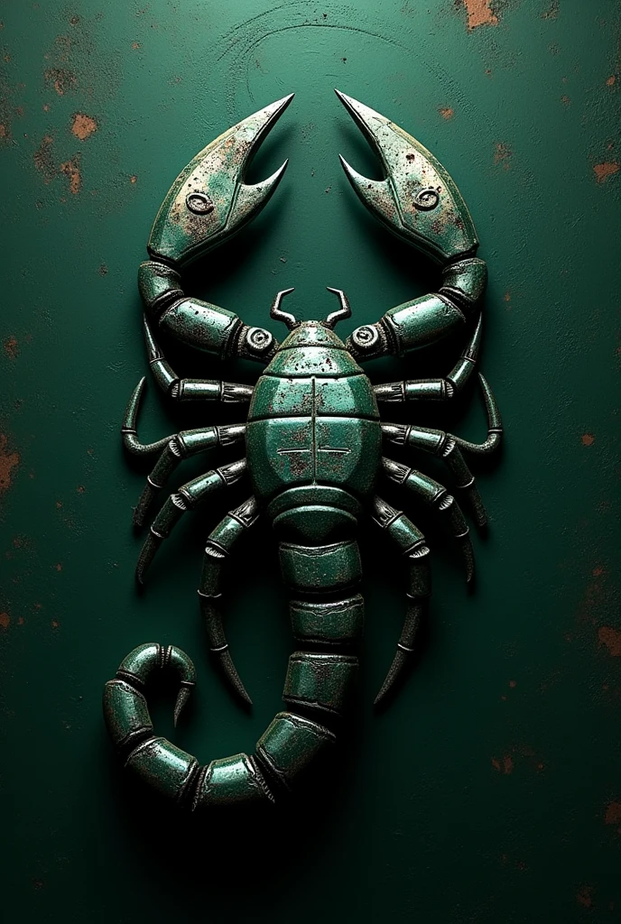 a metallic dark green scorpio zodiac sign logo, spy theme, scratched details, knives in the logo, intricate design, futuristic, highly detailed, photorealistic, 8k, intricate metal textures, dramatic lighting, cinematic, grungy, moody atmosphere, complex patterns, sharp focus, 3d rendered