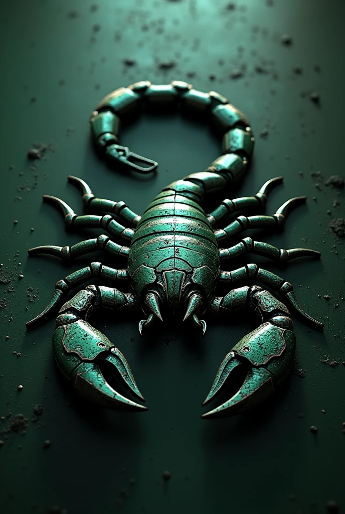 a metallic dark green scorpio zodiac sign logo, spy theme, scratched details, knives in the logo, intricate design, futuristic, highly detailed, photorealistic, 8k, intricate metal textures, dramatic lighting, cinematic, grungy, moody atmosphere, complex patterns, sharp focus, 3d rendered