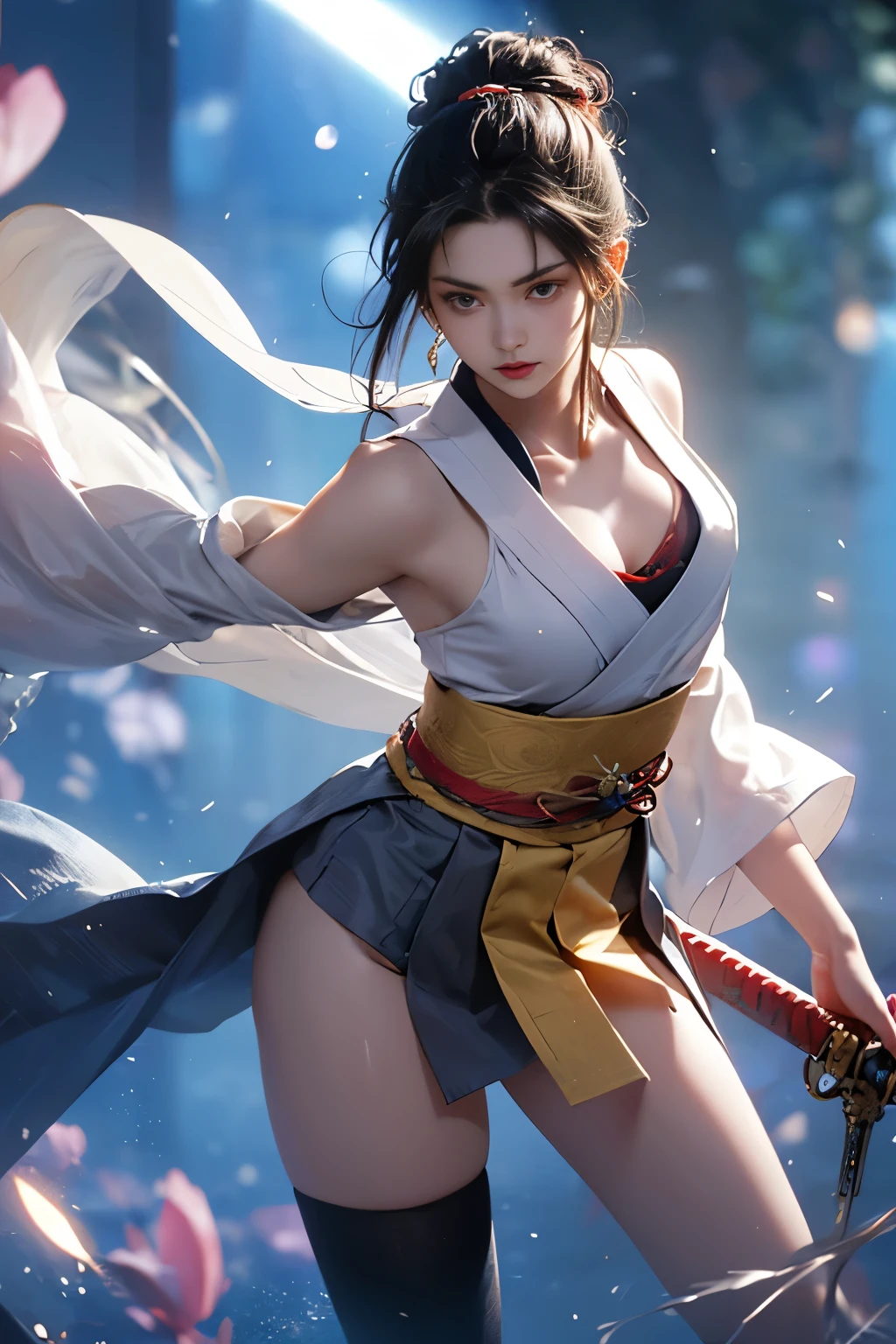 1 beautiful girl in Japanese Ninja girl Kunoichi costume, white smallest breasts:1.9, breasts chest, slim waist, purple fishnet socks, Japanese Ninja style, fictional art texture, colorful bright and realistic, RAW Photo, Realistic Photo, ultra high quality 32k surreal photo, (effective fantasy light effect:1.8), 100x pixels, magical effect (Background:1.8), ultradetailed eyes, close up shot, dynamic pose, leaning forward,Intense battle scene,Dynamic swordsmanship,Not wearing underwear,((Thin legs)),(Small waist),((Flat Chest)),(Are thin),(Swordsmanship),(Swordsman),A powerful female swordsman,((Standing straight, he swings a single strike with his Iaido sword.)),(Light clothing in summer),(A simple and old-fashioned Japanese kimono),Thin, light clothing for combat,The weapon they possess is a Japanese sword or a long spear,(A beautiful girl),(Eyes that are too beautiful),