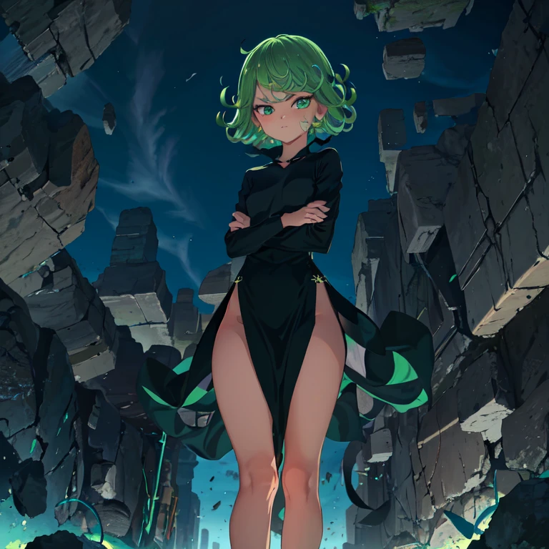 masterpiece, best quality, ultra-detailed, illustration, epic lighting, cinematic composition, 1girl, tatsumaki, flat chest, black dress, pelvic curtain, long sleeves, green eyes, glowing eyes, crossed arms, pouting, closed mouth, piercing gaze,standing, legs apart, from below, looking at viewer, blue sky, (8k:1.1)  