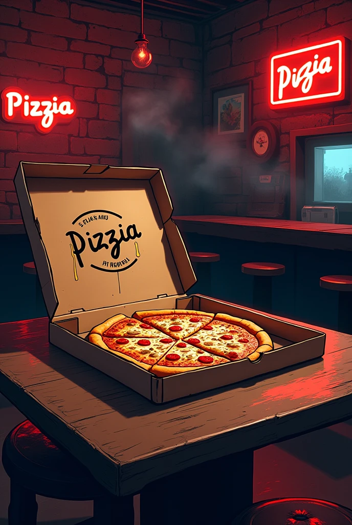A CD cover. In 80's hard rock style, a little "old school". A background of a rock bar, a table in front with a half-open mozzarella pizza box, missing some slices and cheese dripping. On the lid of the pizza box there is a logo with the name: "pizzIA".