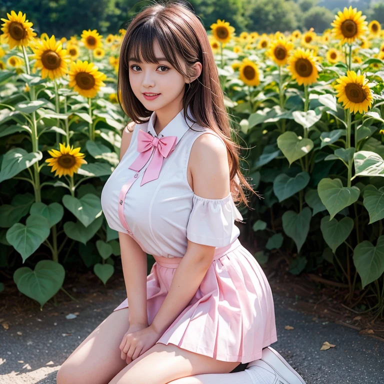 Pink short pleated skirt, In the sunflower field，Wearing a white sailor suit，white shirt，(knee shot) ,pink bow tie，Pink navy collar，1 female, On the face, laughing out loud, light brown hair, blunt bangs, hair behind ears, Shoulder-length hair, long hair, Slender body type, 超face slimming型, face slimming, delicate lips, beautiful eyes, Thin blush, Eyes are light brown,View here, (actual:1.3), One person's perspective, 8k, Super detailed, high quality, best quality, High resolution, ，Large Breasts，wear a H cup, 3,above knee shot