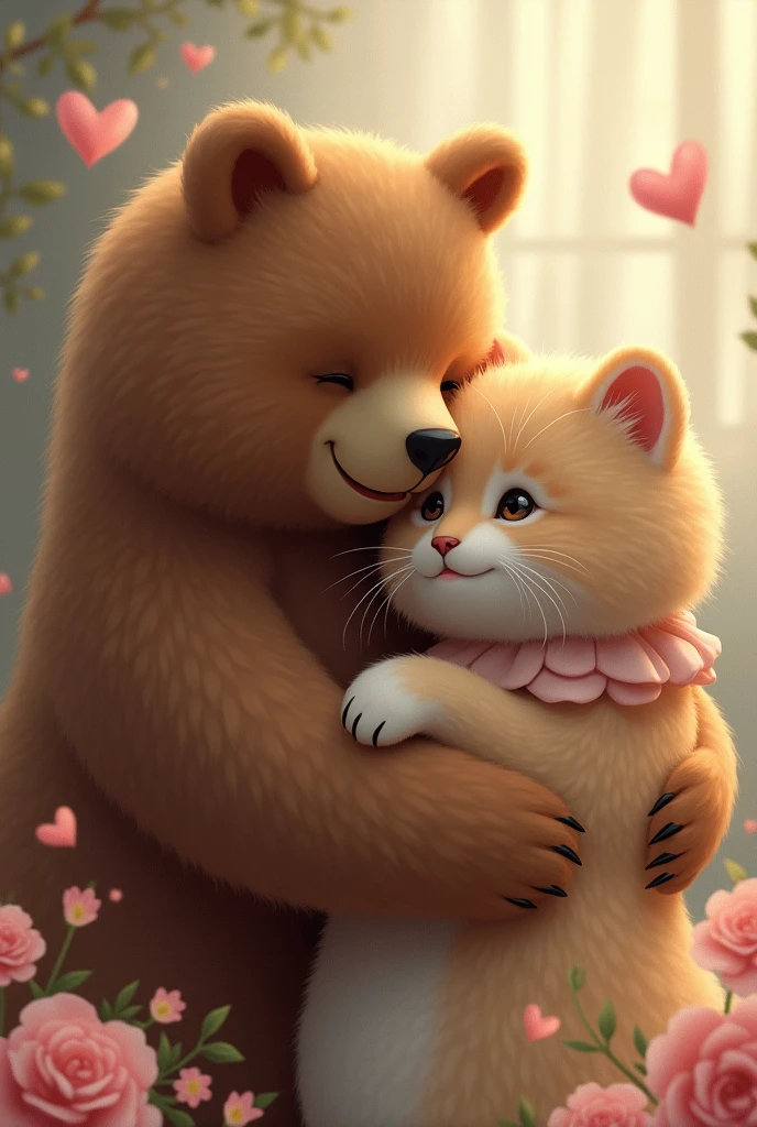 Create a photo of me and my girl, she is like a kitten for me, because she is very beautiful and kind, for she i am like a bear, for been tall and very sweet with her, do the art knowing that, make her and me together and do a art romantic, whit the represantion of the animal from both