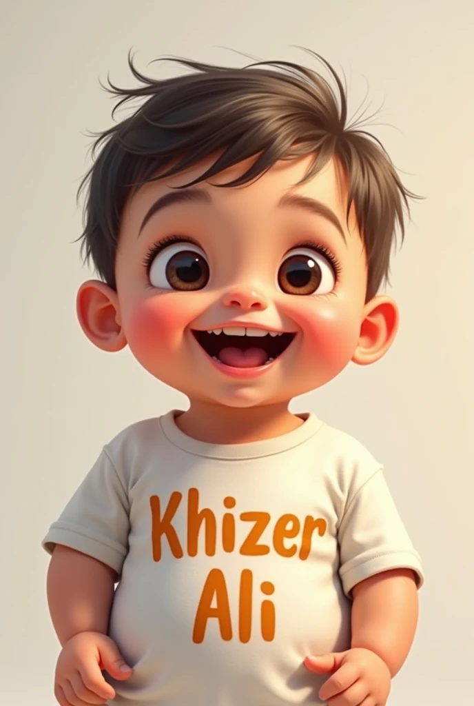 create an image in which a  of 1 yearhis shirt write name Khizer Ali 