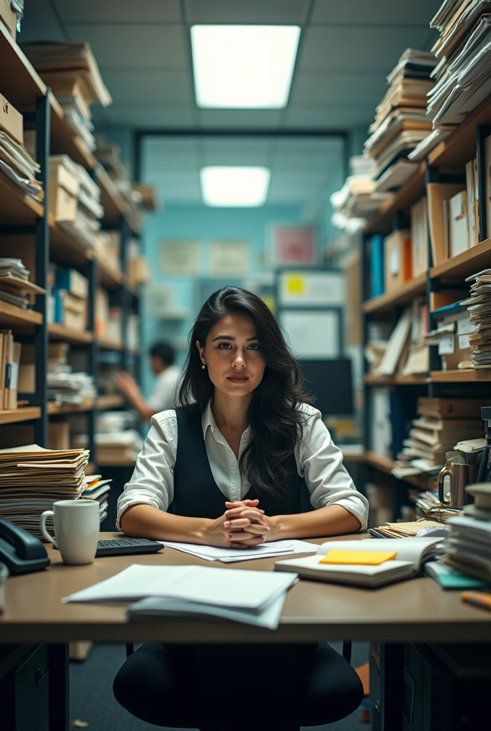 Realistic photo of a woman in the offices of the usebeq very busy and messy .