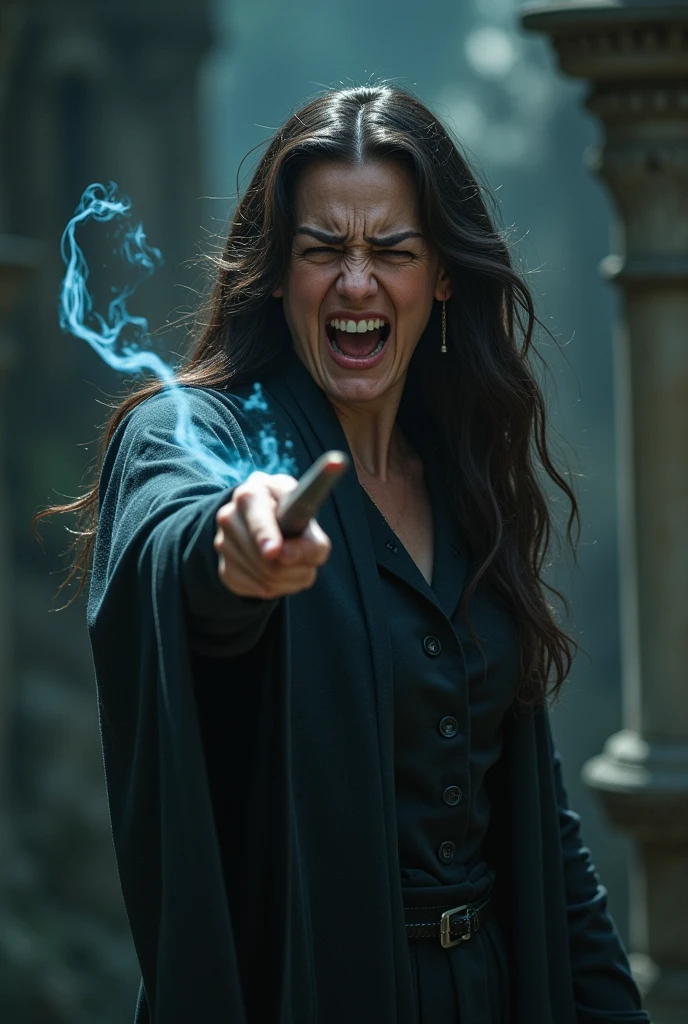 A woman with dark brown wavy hair pointing her wand showing pain on her face