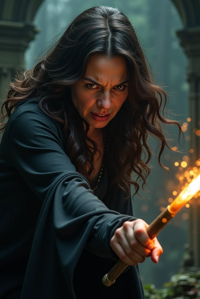 A woman with dark brown wavy hair pointing her wand showing pain on her face