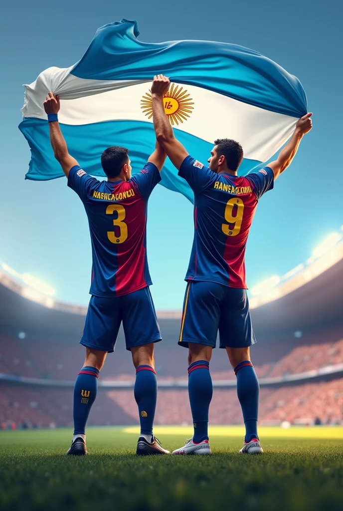I want an image of the footballers Kun Agüero and Macherano wearing the Barcelona FC shirts raising the Argentine flag, Kun with the number 3 and Maradona with the number 9, and the name INSANE FC appearing.