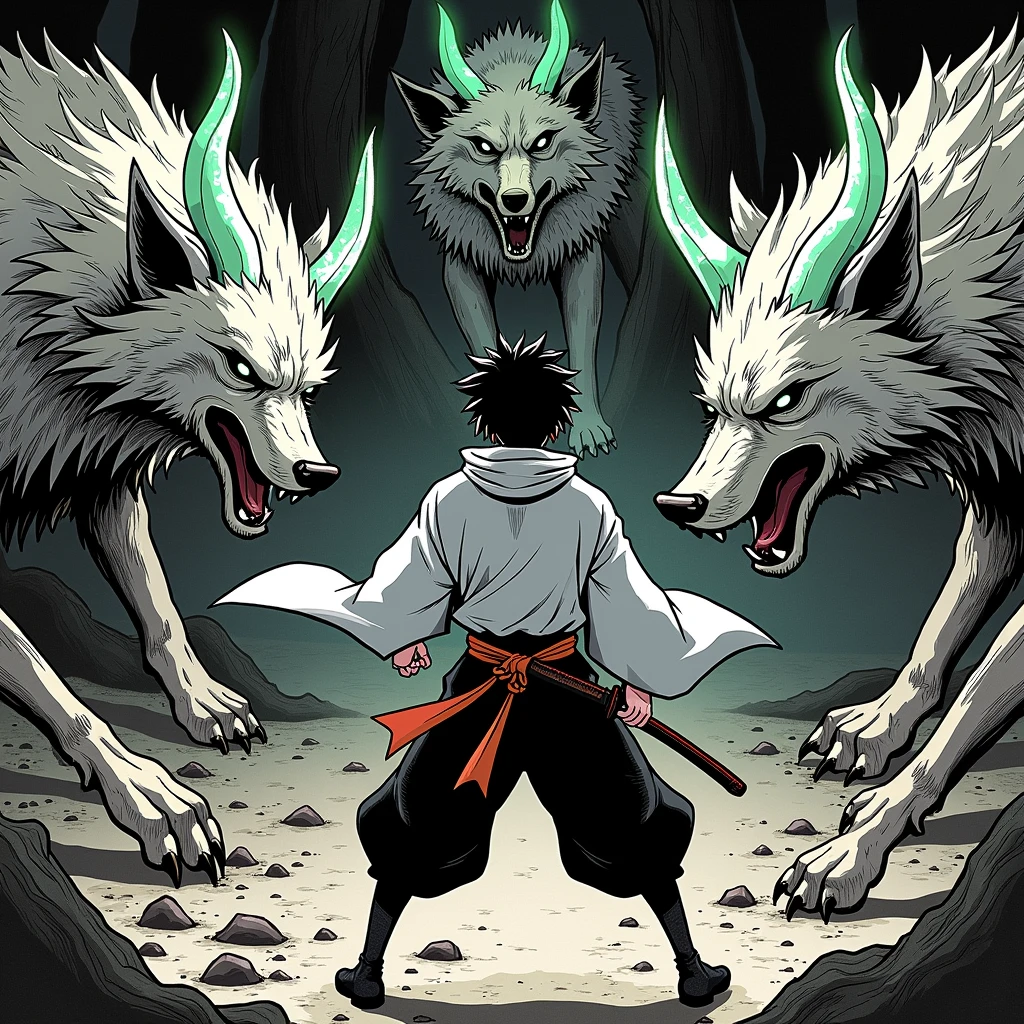 Clear, Here I provide you a detailed description for the second illustration that you can use in another image generator:
### Description of the Illustration:
**scene:** The illustration shows Yasuke, a young 15 year old samurai, Facing three beasts that resemble wolves, but with an unnatural appearance and green crystal horns that glow ominously. The creatures are threatening, but a little smaller than Yasuke, allowing the main focus to be on it.
**Yasuke's Pose and Outfit:** Yasuke is in a determined stance, with feet firmly on the ground, holding his katana with both hands. Her kimono is completely white, and his pants are black, highlighting his figure in the middle of the darkness of the forest.