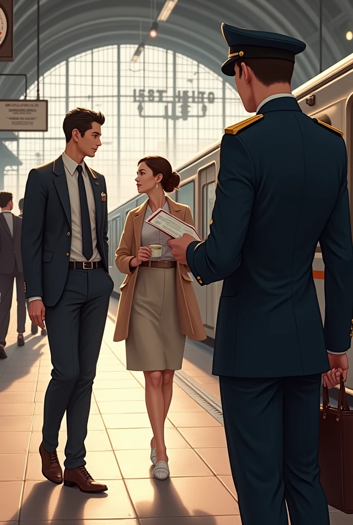 A train station scene where a passenger is walking toward a ticket checker standing near the train entrance. The passenger is holding a ticket, and the ticket checker is in uniform, ready to inspect tickets.