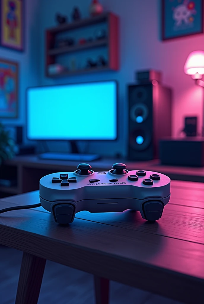 illustration of retro playstation controller in a gamer room with blue and purple lights in the background