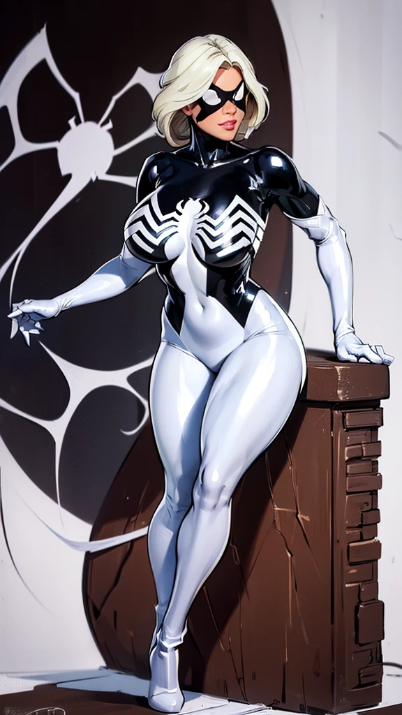 ,best high grade masterpiece quality, ultra detail, short side parted tucked to the side asymmetrical smooth straight bob hair green eye cute gorgeous looking woman wearing black&white viscous liquid symbiote suit, no wrinkles, bodysuit, spider-girl, skin tight, sexy (La mejor calidad detallada:1,6) lado largo y fino con raya metida hacia un lado cabello liso y liso en una cola de caballo peinado mujer traje de spiderman ajustado (with long white latex boots and with long white latex gloves) with spider emblem and completely masked, Stable Diffusion,_model_femenino,
