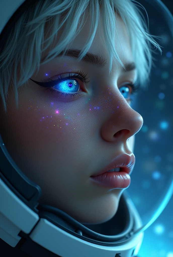 (Close-up of a better masterpiece:1.5)0.9], (Space and astronauts:1.2) (Messy silver hair:1.1) (Heterochromia xanthochromia and blue eyes:1.2) (Space Helmet:1.0) (Colored stars in the eyes:1.0) (A radiant glow:1.1) (thick lips:0.9)