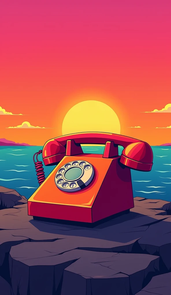a Telephone near the ocean after sunset, in the style of orange and magenta, bold primary colors, warmcore, hikecore, reductionist form, uhd image, bold, colorful, large-scale