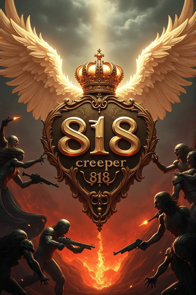 Luxury letters " CREEPER818" WITH A CROWN ON IT " heaven angels with guns fighting  demons in hell behind it