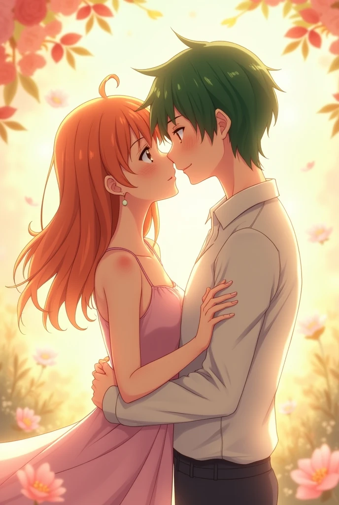 Anime couple with an orange-haired girl and a green-haired boy romantic pose giving each other a kiss 💋