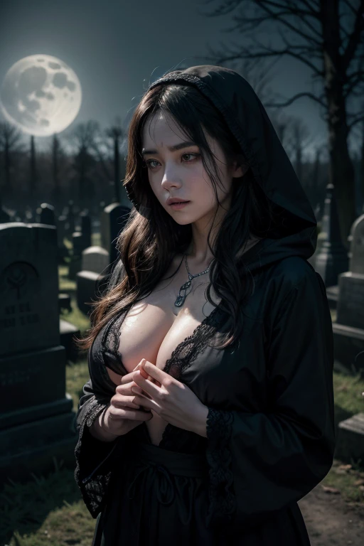 One female, Mr.々Hair style,, big ,Large Breasts,Plump,Sunburn,good,Firm, round, huge breasts,
A female necromancer in a dimly lit graveyard uses her dark powers to summon the dead.,彼女は黒いローブを纏いそのローブには骸骨や呪文の紋Mr.が刺繍されている,The hood of his robe is pulled down low, hiding part of his face in shadow, but his sharp eyes shine in the darkness.,In his hand he holds an obsidian staff, at the tip of which is set an eerily shining crystal that holds magical powers.,He wears a skeleton pendant around his neck and a ring symbolizing a dark pact shines on his finger.,The pose is of a staff stabed into the ground with the other hand, as if summoning the soul of the dead.,Ghosts emitting pale light and skeleton soldiers crawling out of the earth gather around her, waiting for her orders.,Her eyes glow with magical power, showing that her will controls the undead around her.,In the background is a dark cemetery shrouded in rotting gravestones and an eerie mist, with a cold full moon shining in the distance.,