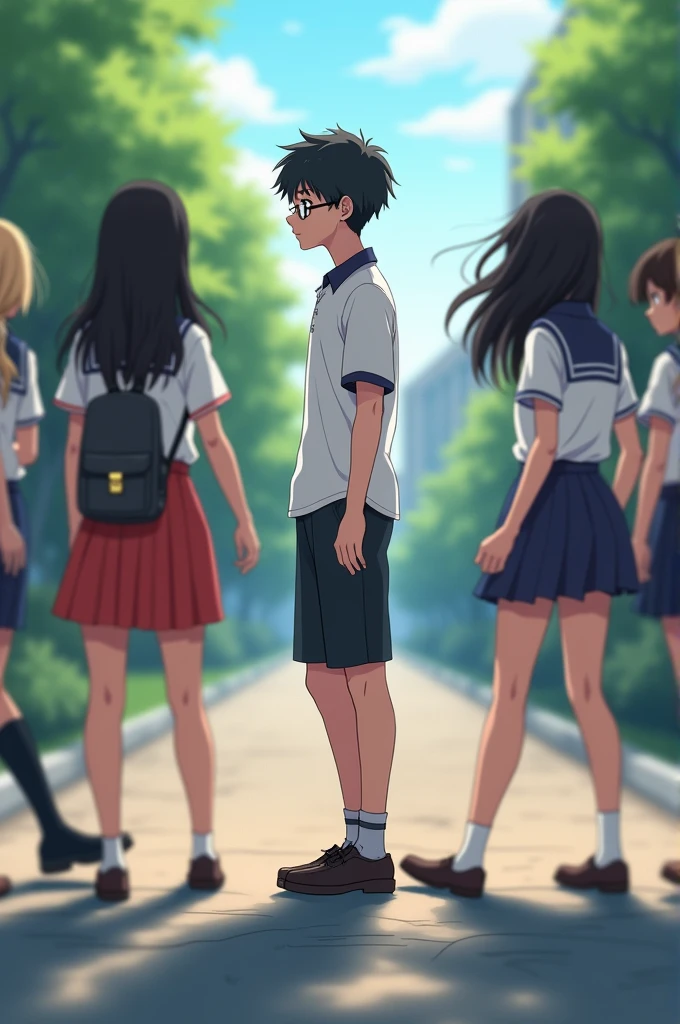 A 17 year old anime boy wearing black glasses stands and 4 girls pass by him