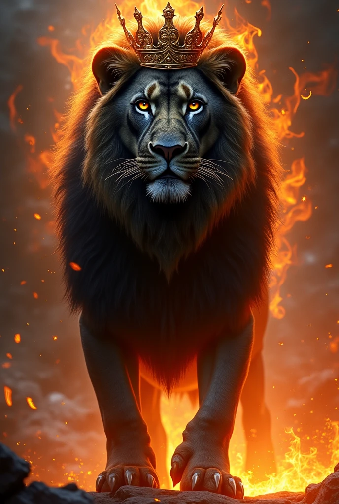 A black lion with a crown and its fur on fire