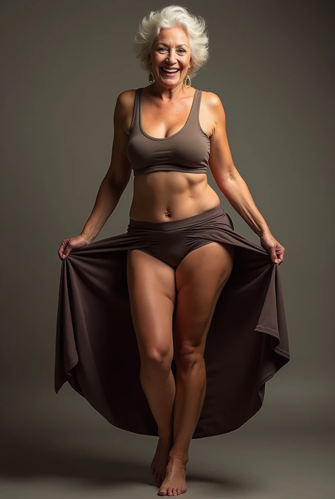 photo of a 60 year old woman,
(lifting her skirt and showing her panties.:0,8)
she has thick and curvy legs,
she is wearing stockings,
(full body photo),
Hyper realistic with perfect lighting, Highly detailed, sharp focus, 4k, 8k, ultra quality
