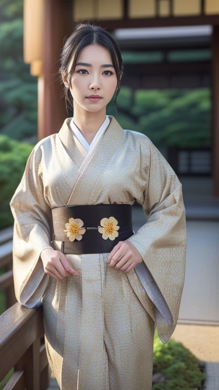 Front view , ((Full-body, standing on garden), a Japanese ancient girl, looking at viewer, girl is 20 years old, (Highly detailed face, Black hair ,Brown eye, Variegated eyes, Fuller lips, little Lips, serious), (middle breasts, middle hip), (Japanese beautiful, kimono, below flower pattern), standing in Japanese Palace, night, sunset , ((Surrealism, Verism, UHD, retina, masterpiece, anatomically correct, accurate, textured skin, super detail, high details, high quality, best quality, highres, 8k))
