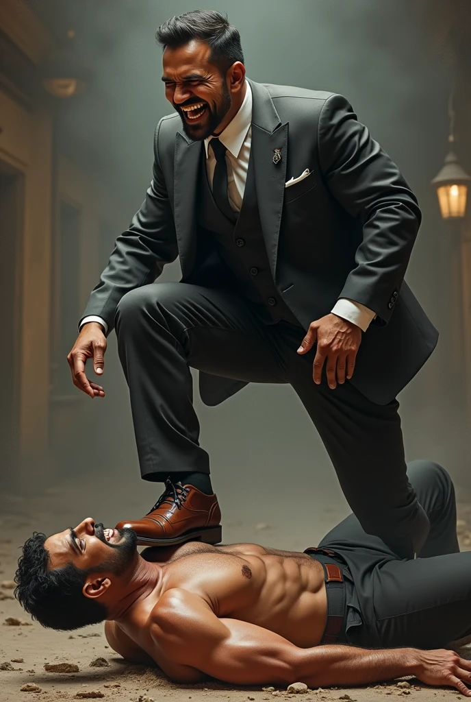 Muscular indian guy in suit sitting on chair with nasty smile and stomping on a muscle guys chest with brown leather shoes in victory pose.