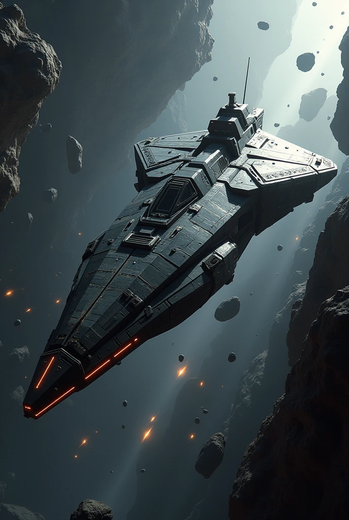 Armored combat spaceship named "Application" in an asteroid field 