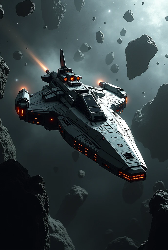 Armored combat spaceship named "Application" in an asteroid field 
